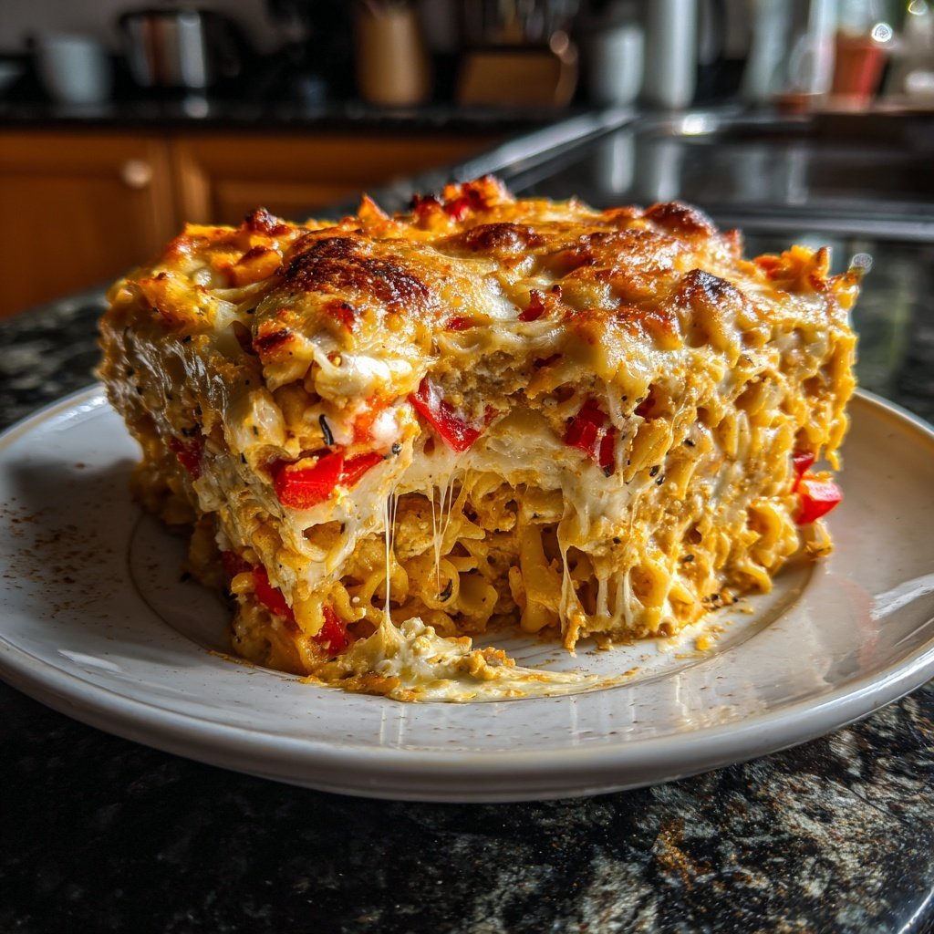 Vegetarischer Nudelauflauf mit Paprika und Feta